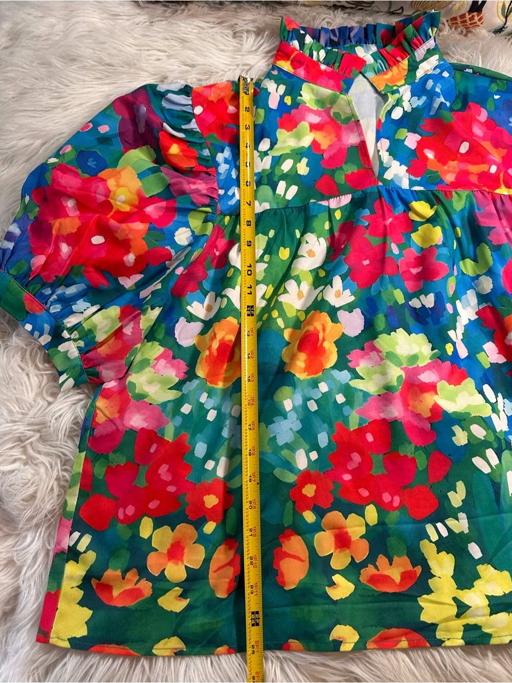 Floral Puff Sleeve Mandarin Collar Ruffle Blouse - Picture 8 of 12